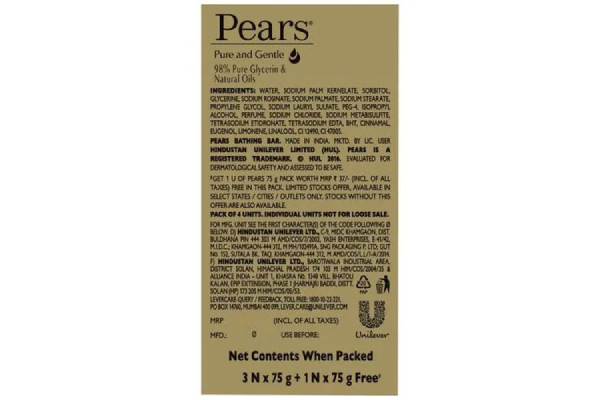 Pears Pure & Natural Soap Bar, 75 g (Buy 3 Get 1 Free)